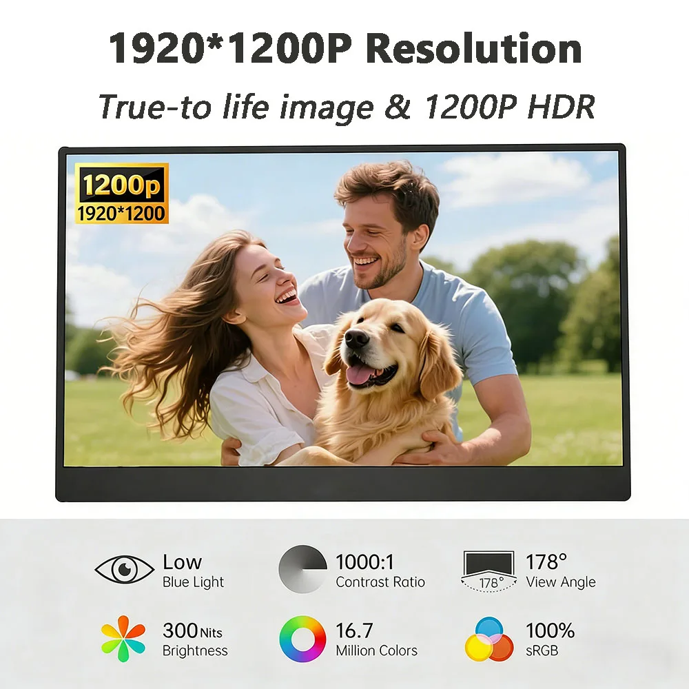 13.3인치 1.2K 휴대용 모니터 1920x1200 100% sRGB 300cd/m² HDR IPS 노트북 스위치 PS4/5 Xbox용 여행용 외부 보조 화면