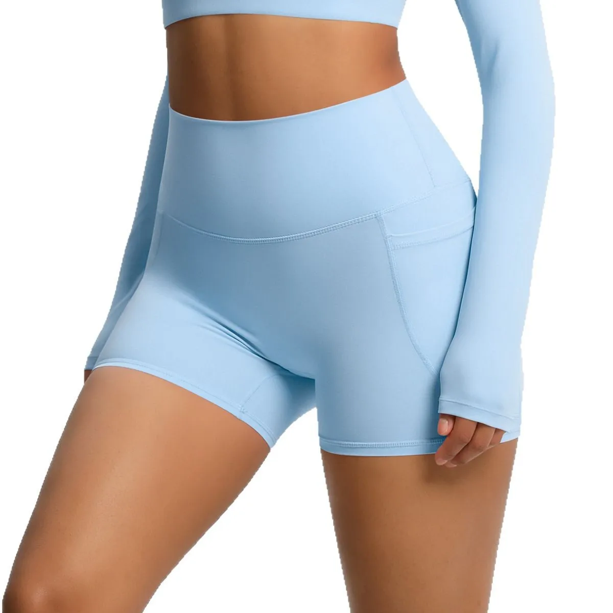 Mermaid Curve Pure Color Yoga Pants with Pocket Sports Fitness Three-point Pants Breathable High Waist Belly Tight Yoga Shorts