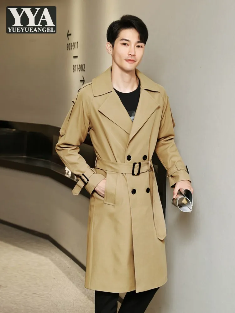 Cotton Waterproof Long Trench Coat Men Double Breasted Belted Military