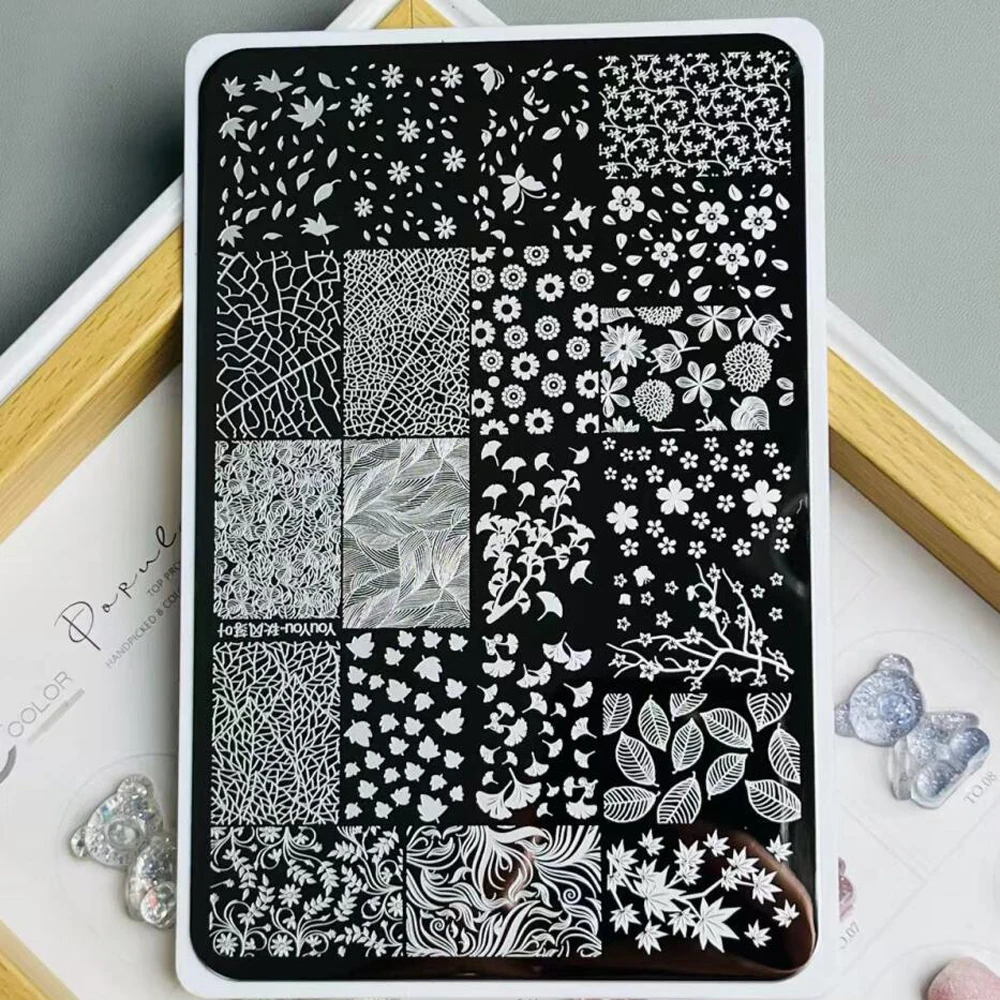 1 Stück 3D Herbst-Ahornblatt Nagelstempelplatten Herbstblumen Ginkgo-Blatt Marmor Nageldruck-Vorlage Halloween Maniküre-Schablone – Detail 10