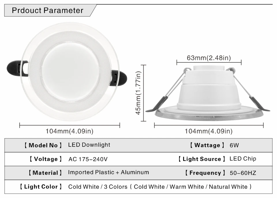 4inch LED Downlight 3Colors Changeable Spot Led 6W 220V Recessed Round Panel Light Indoor Lighting Down Light