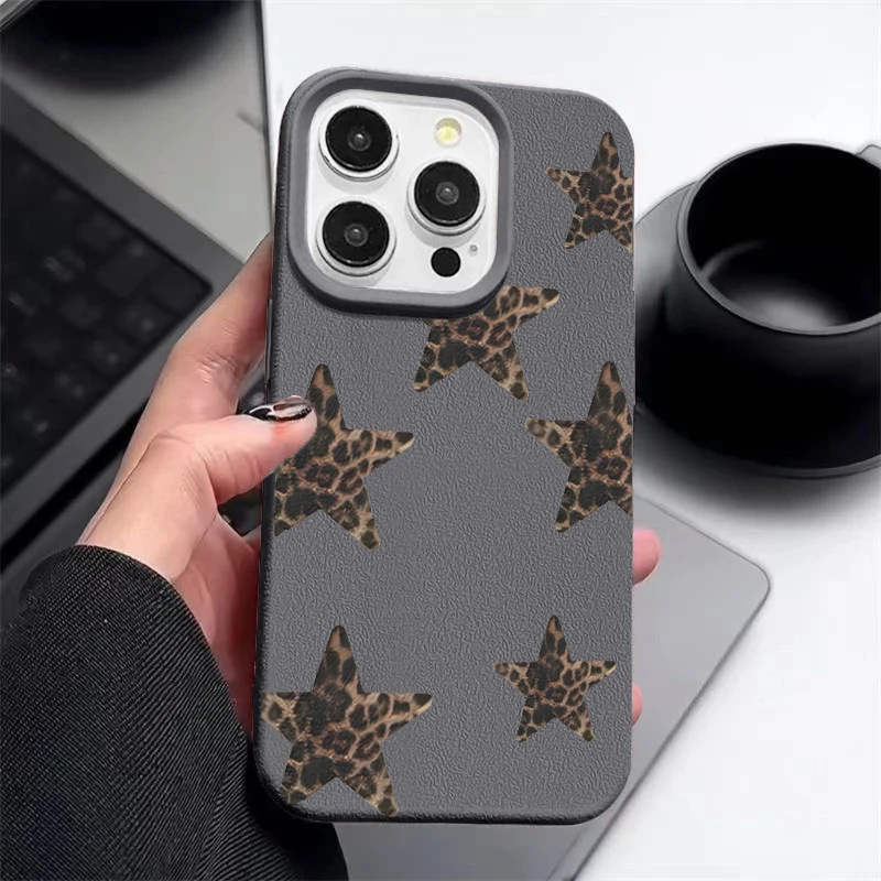 Leopard Print Stars Bow Lychee Texture Silicone Phone Case