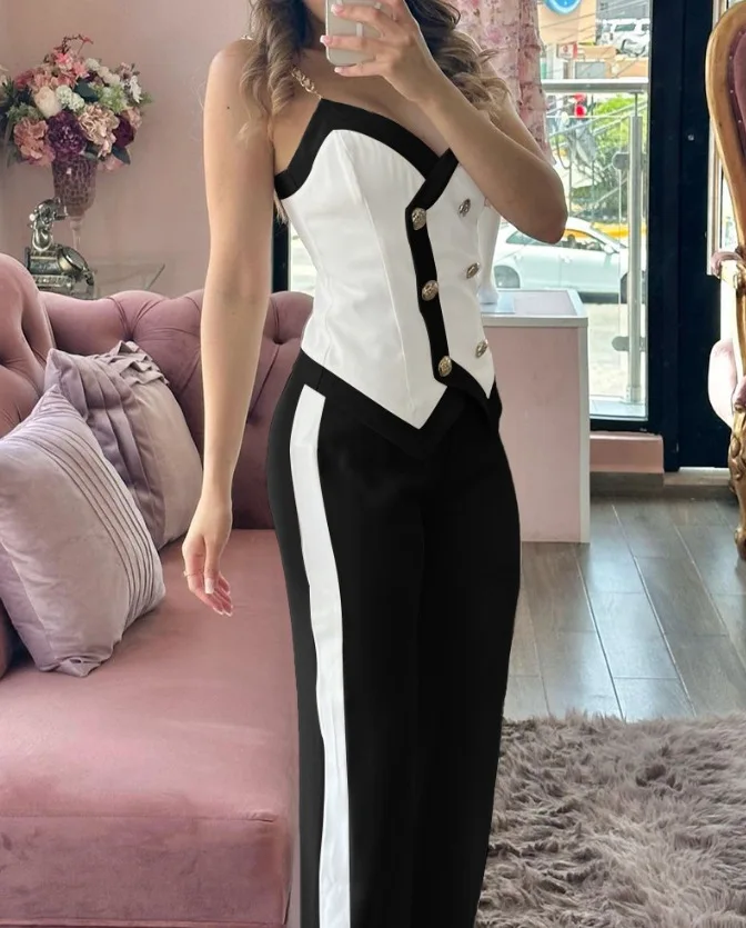 Spring Summer New Fashion Commuter Women Suit Irregular Top Wide Leg Trousers Metal Suspenders Double Breasted Slim Suit Lady