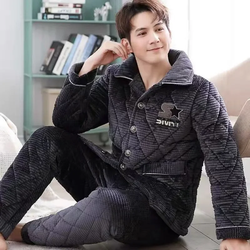 2024 New Pajama Men Winter Three-layer Padded Coral Velvet Loungewear Padded Cotton Plus Velvet Flannel Homewear Suit Autumn
