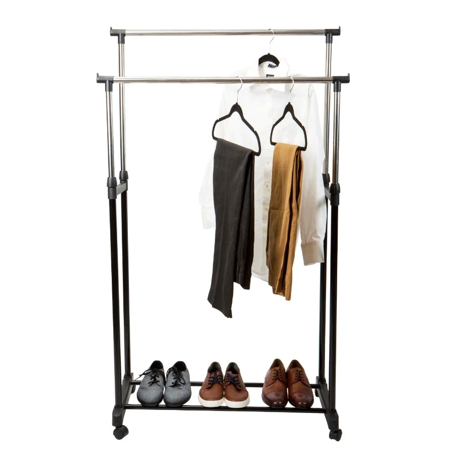 Double Tier Adjustable Height Rolling Garment Rack Metal Black and Silver 1