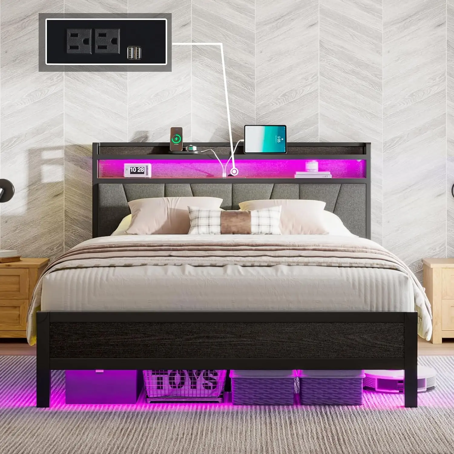 

Queen/Full/King Bed Frame w/ LED Lights & Charging Station,Linen Upholstered Headboard w/2-Tier Storage, Stable Metal Platform