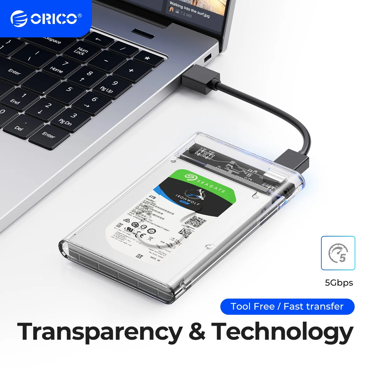 ORICO-2.5 인치 투명 SATA to USB3.0/c타입 하드 드라이브 케이스 도구 없음 외장 HDD 인클로저 PC 랩탑 SSD/HDD 6Gbps, 투명 외장하드 케이스