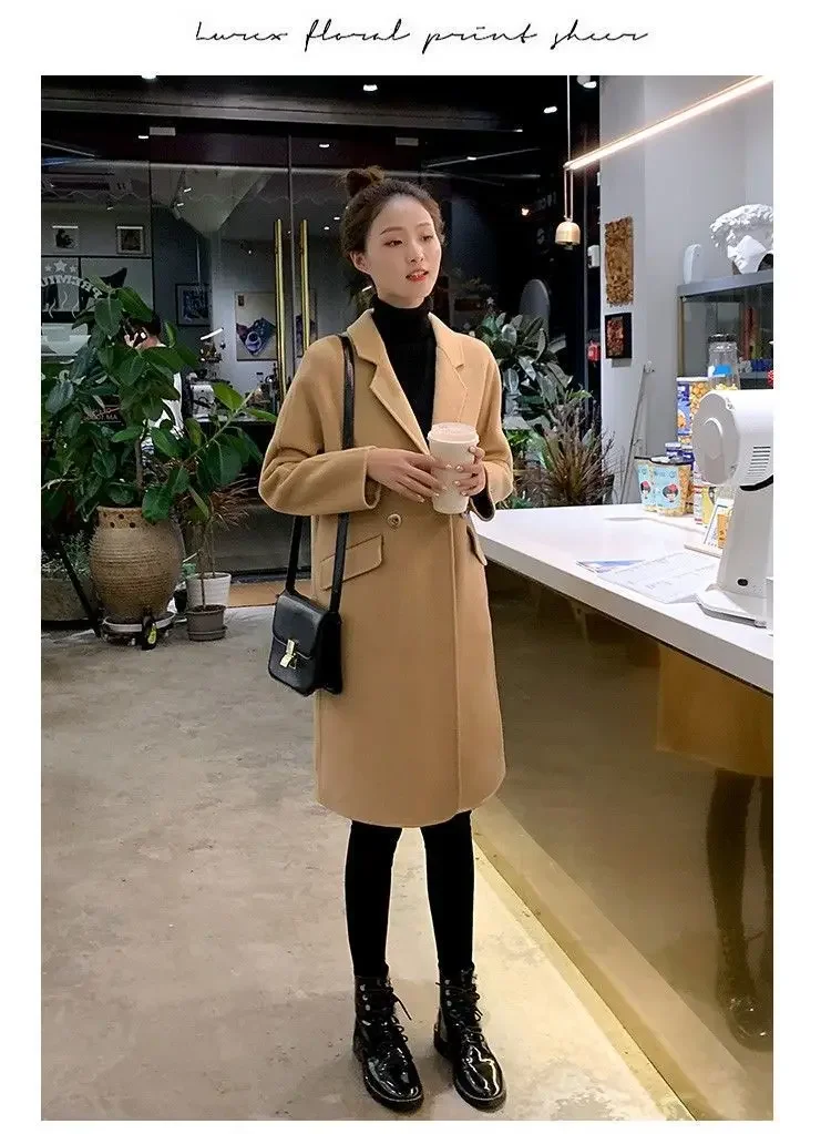 Fashionable 2023 Medium-length Woolen Jacket For Women Loose-fit Camel Color Korean Style Overcoat Trendy Autumn Winter