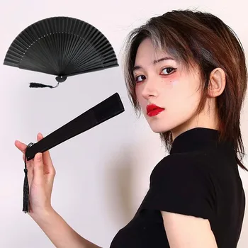 중국 스타일 블랙 빈티지 핸드 팬, 접는 팬, 댄스, 웨딩 파티, 호의, 중국 댄스 파티, 접는 팬, 블랙 패브릭 팬