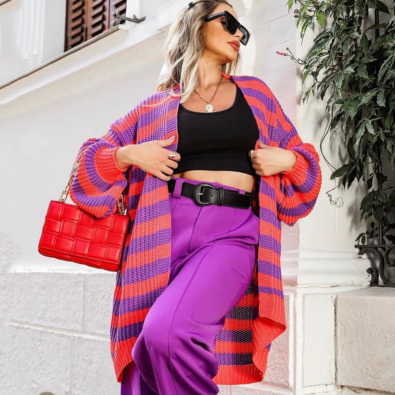 

Autumn Winter New Oversized Sweater Knitted Jacket Women's Loose V-neck Striped Cardigan Fashion Street Thickened Sweater Coat