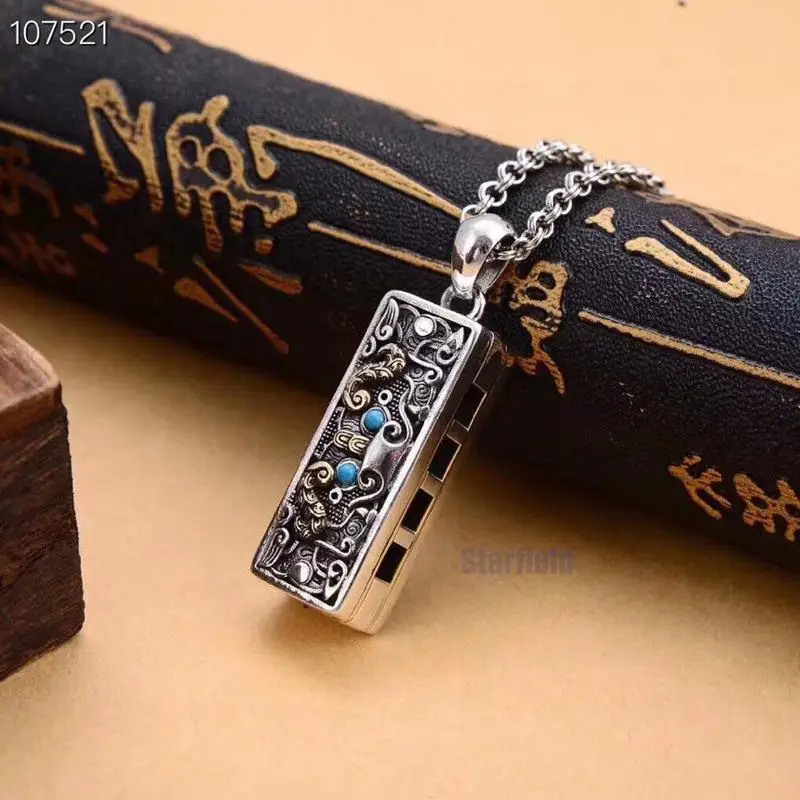 

S925 pure silver ancient real talent cattle pendant tune harmonicas men sweater chain pendant necklace personality