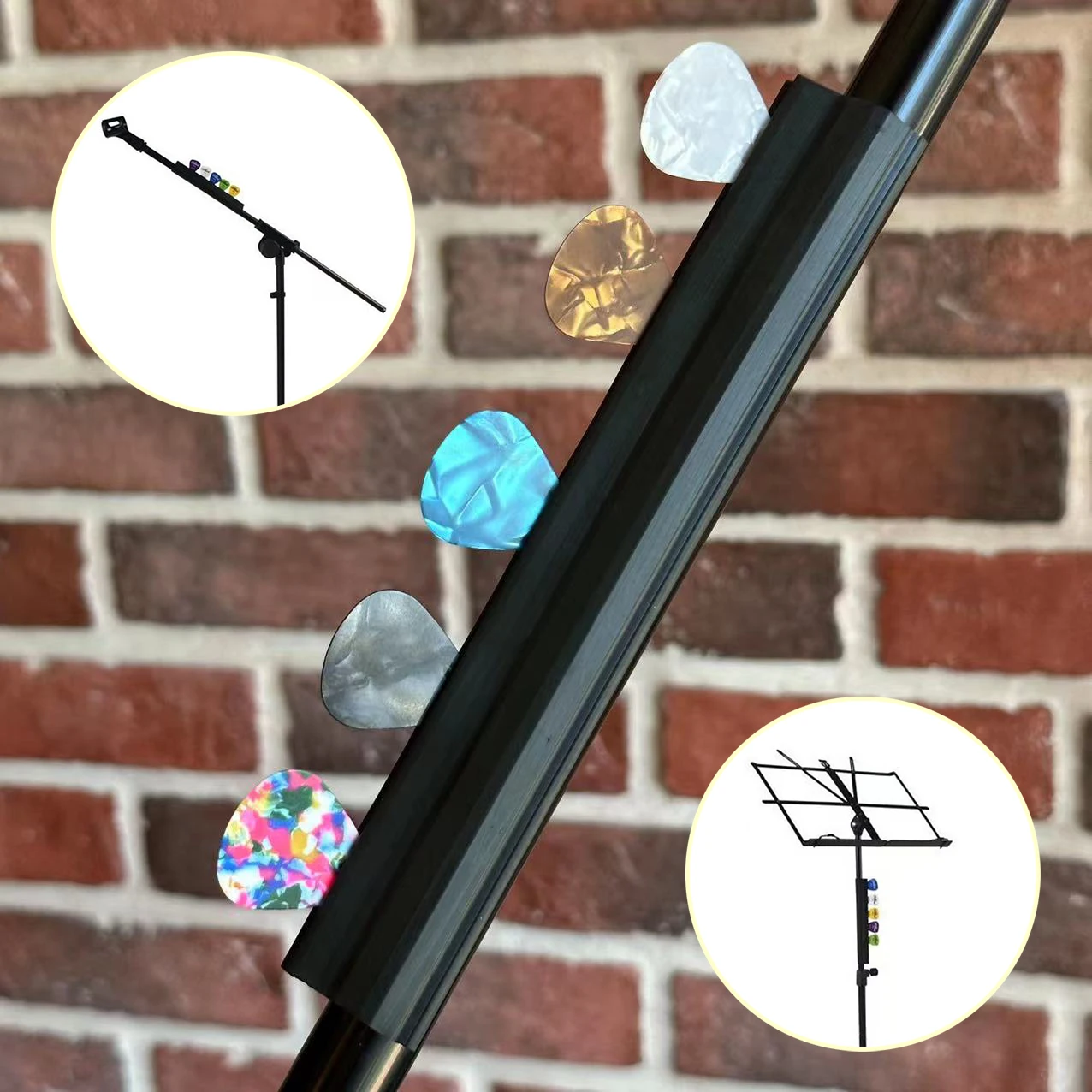 Microphone Stand Guitar Pick Holder - Secure Clip with 5 Picks, Rubber/Black