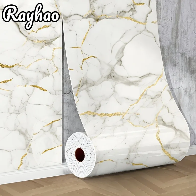 วอลเปเปอร์ลายหินอ่อนแบบมีกาวในตัว ลอกและติดได้ แผ่นสติ๊กเกอร์ติดผนังลายกระเบื้อง แผ่นไวนิลหนา ลายหินอ่อน สำหรับตกแต่ง พร้อมลายเส้นสีทอง 1