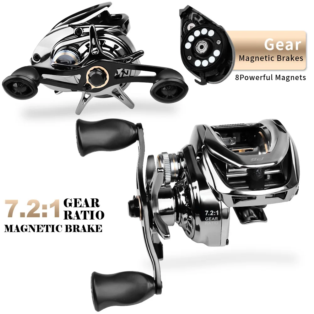 Baitcasting Reel 7.2:1 Gear Ratio 5+1BB Bearings Drag Alarm Long Cast Anti-Tangle Fishing Water Drop Wheel With 8 Magnets
