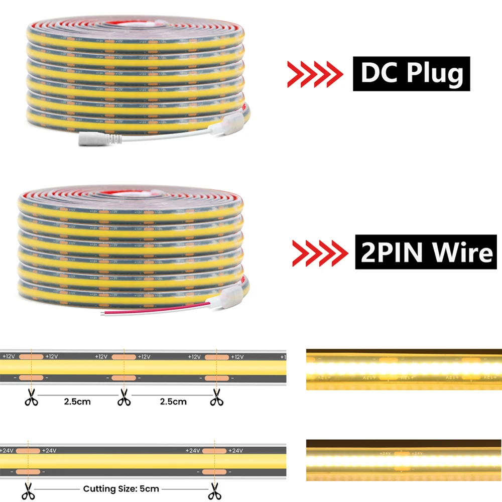 12V 24V COB LED 스트립 조명 3000K 4000K 6000K 2PIN 와이어/DC 플러그 320LEDs/M IP68 방수 블랙 PCB 유연 테이프 주방 장식