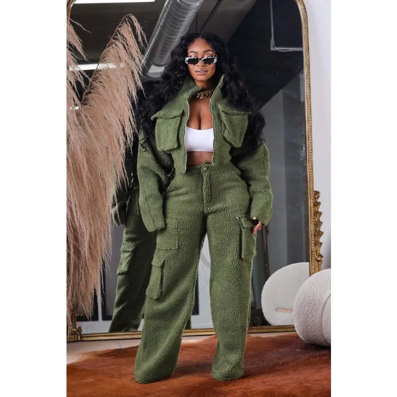 Solid Casual Cargo Cashmere Warm 2 Piece Set Women Long Sleeve Zipper Short Jacket High Waist Pockets Pants Trends Streetwear
