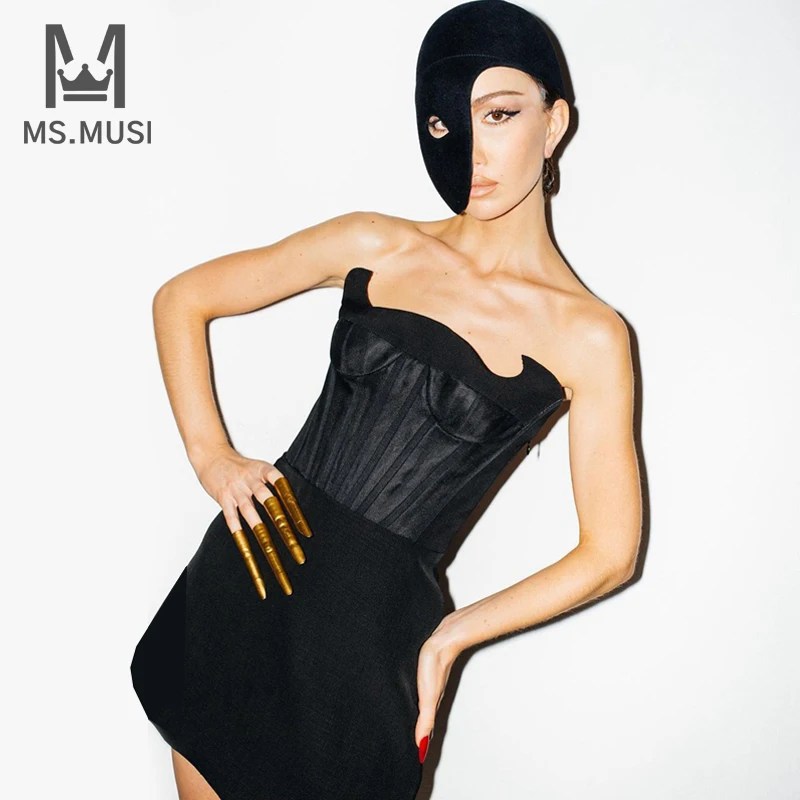 

MSMUSI 2022 New Fashion Women Sexy Strapless Sleeveless Mesh Satin Bandage Party Club Bodycon Mini Dress Celebrate Vestidos