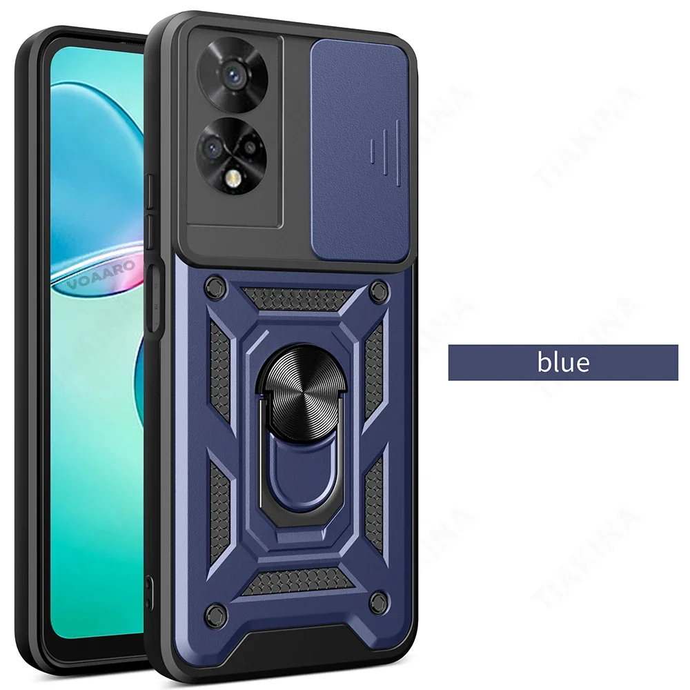 Protective Armor Case Cover with Slide Lens Camera Protection and Magnetic Ring Stand Holder