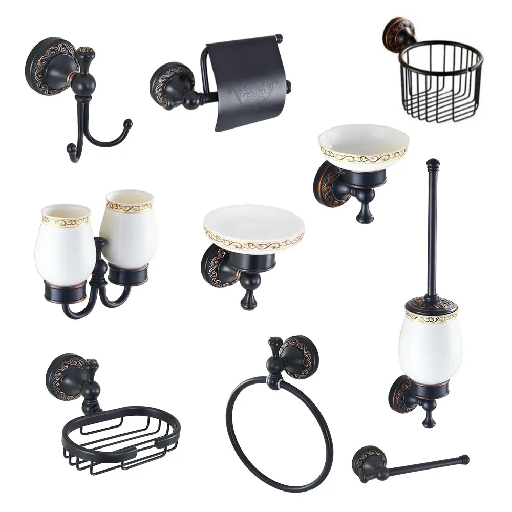 Black Oil Rubbed Brass Wall Mounted Bathroom Accessories Set Towel Bar Soap Dish Robe Hook Toilet Paper Holder azh116