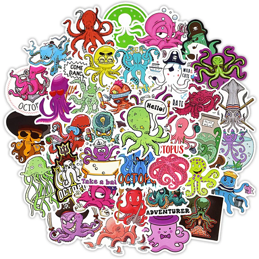 

50 PCS Colorful Octopus Cartoon Stickers for Laptop Suitcase Motorcycle Helmet Car Fridge Guitar Waterproof Stickers for Kid Toy