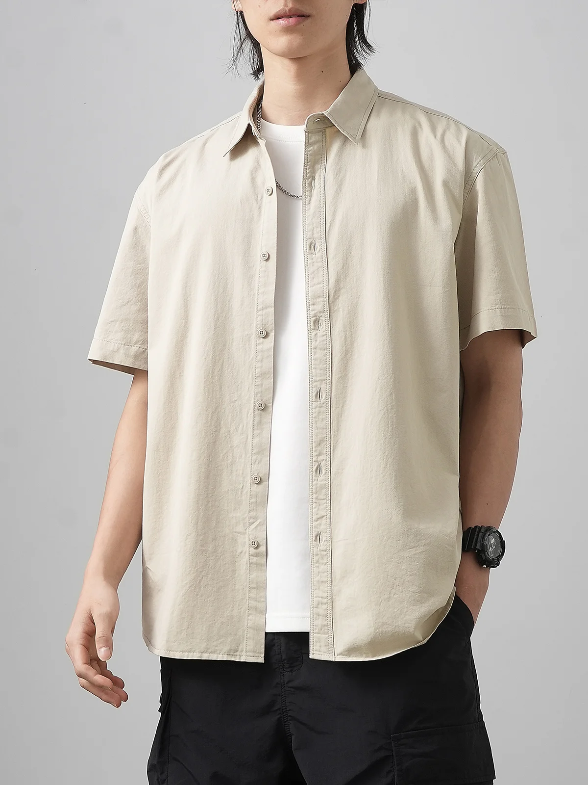 Men Cotton Shorts-Sleeve Shirts Summer Solid Color Turn-Down Collar Formal Shirts White Basic Causal