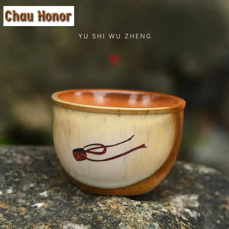 160ml Dunhuang Apsaras Drum Large Teacup Antique Soda Glaze Master Cup Zen Cultural Pu'er Tea Bowl Coffee Mugs Kung Fu Tea Set