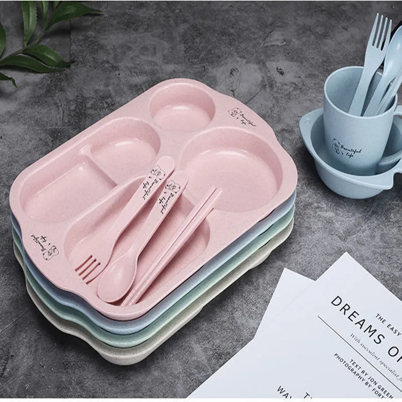 4 PCS/6PCS/children's cutlery set, anti-drop wheat partition plate, suitable for toddlers, children and adults