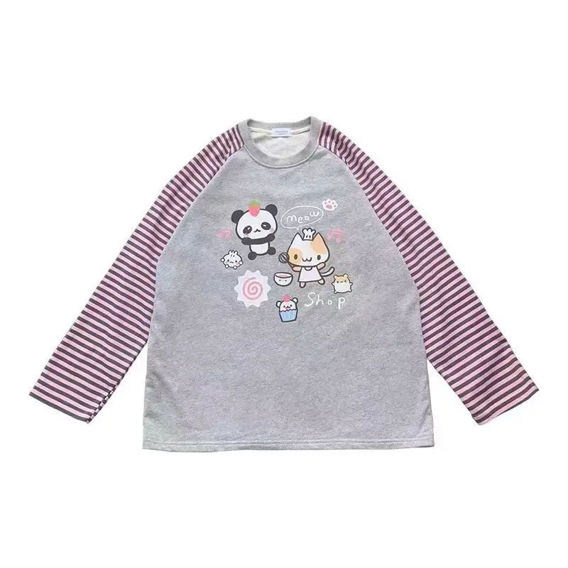 Japan Kawaii Cartoon Anime Print T-Shirt O-Neck Long Sleeve Top Youth Blouses Women's T-Shirt OTAKU Y2k Stripe Graphic T-Shirts