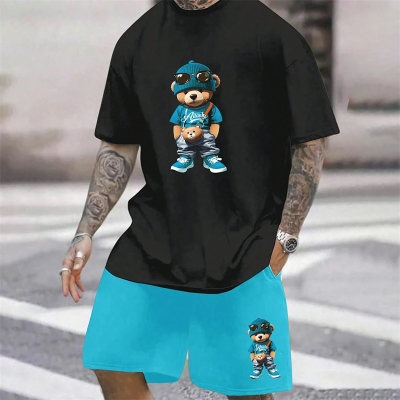 2024 Fun Bear Harajuku T-Shirt Men's Summer Loose Daily Couple Suit Outdoor Street Short Sleeve Shorts Two Piece Men Summer Suit 2