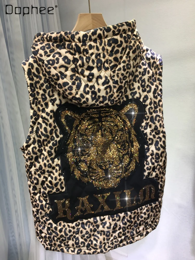 Leopard Print Hooded Hot Drilling Vest for Women 2023 Autumn and Winter Quilted Warm Tiger Head Cotton-Padded Jacket Cardigan