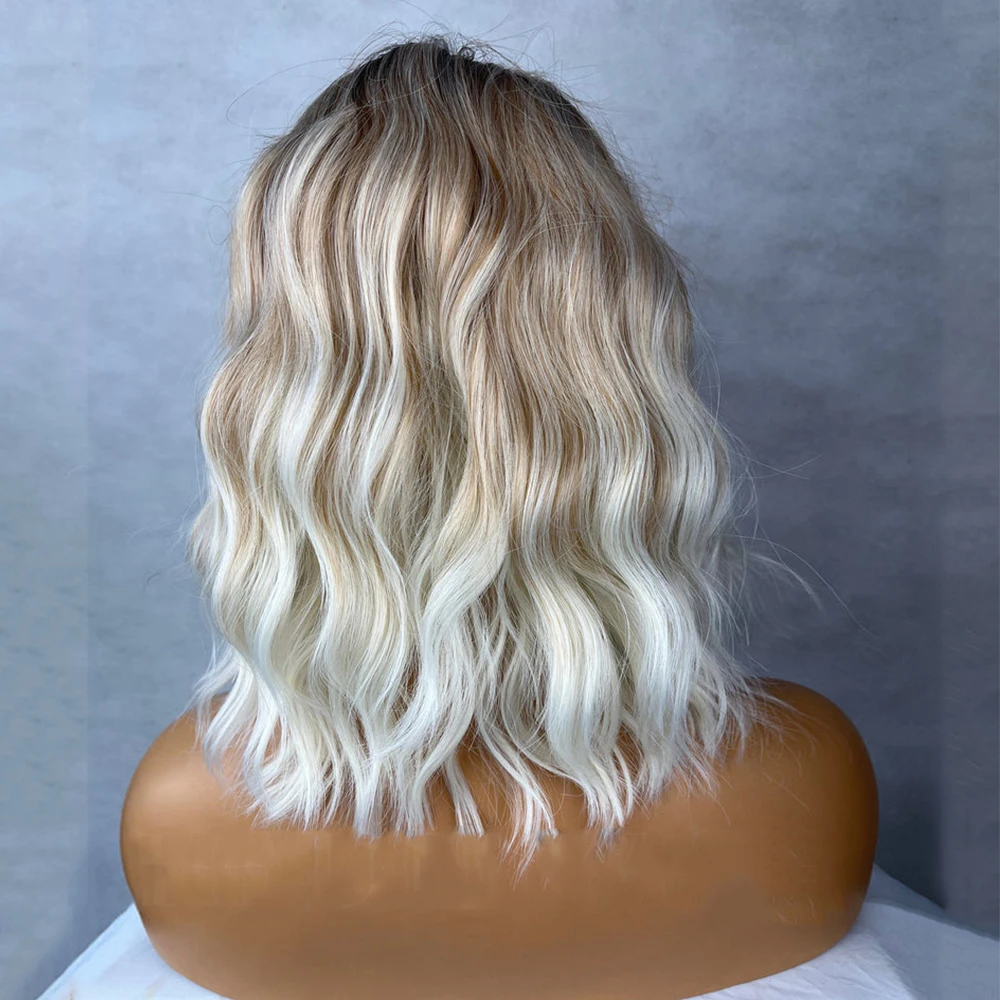 Lace Frontal Wig Bob Wig Ash Blonde Brown Balayage Highlights Streaks 14 Inch Bob Wig Wavy Lace Front Fringe Bangs Womens Wig Eye Catching Short