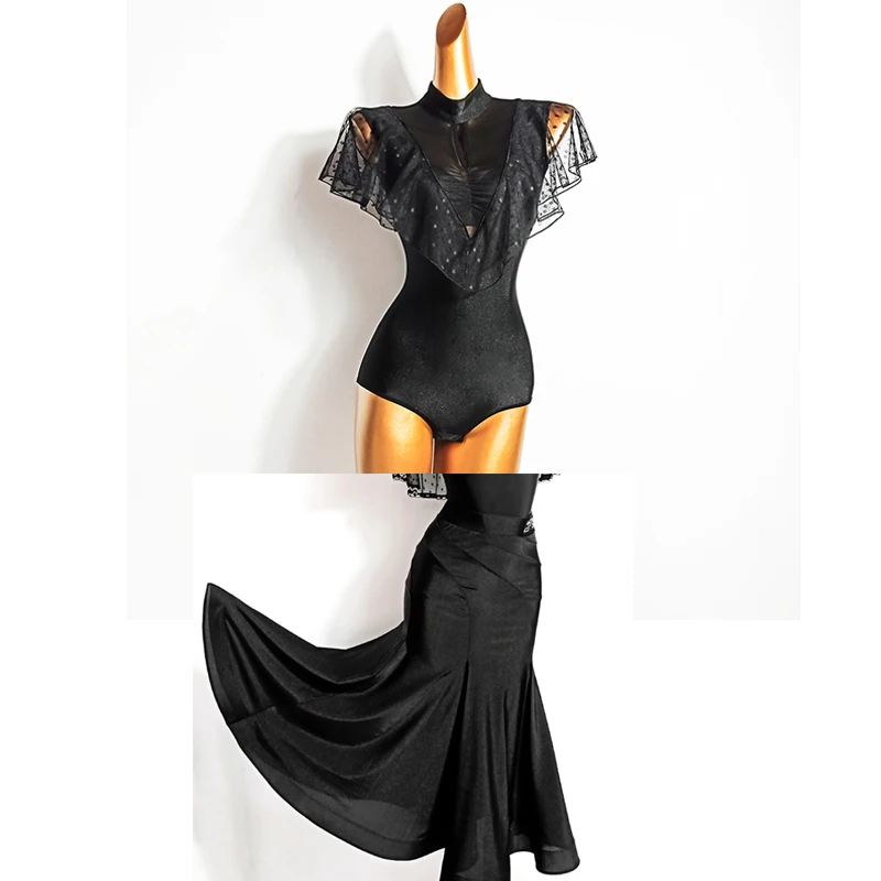 Women National Standard Dance Clothes New Mesh Long-Sleeved Jumpsuit Skirt Suit Ballroom Dance Competition Dress Wear DN7128