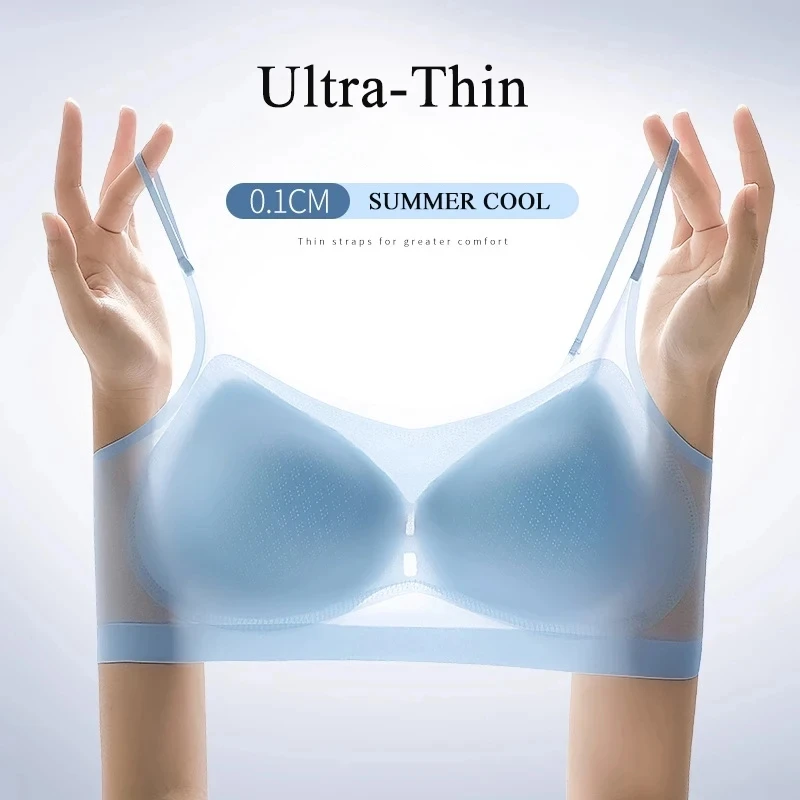 Womens Bra Ultra-Thin Breathable Ice Silk Top Seamless Back Halter Vest Wrap Bra Small Chest Together