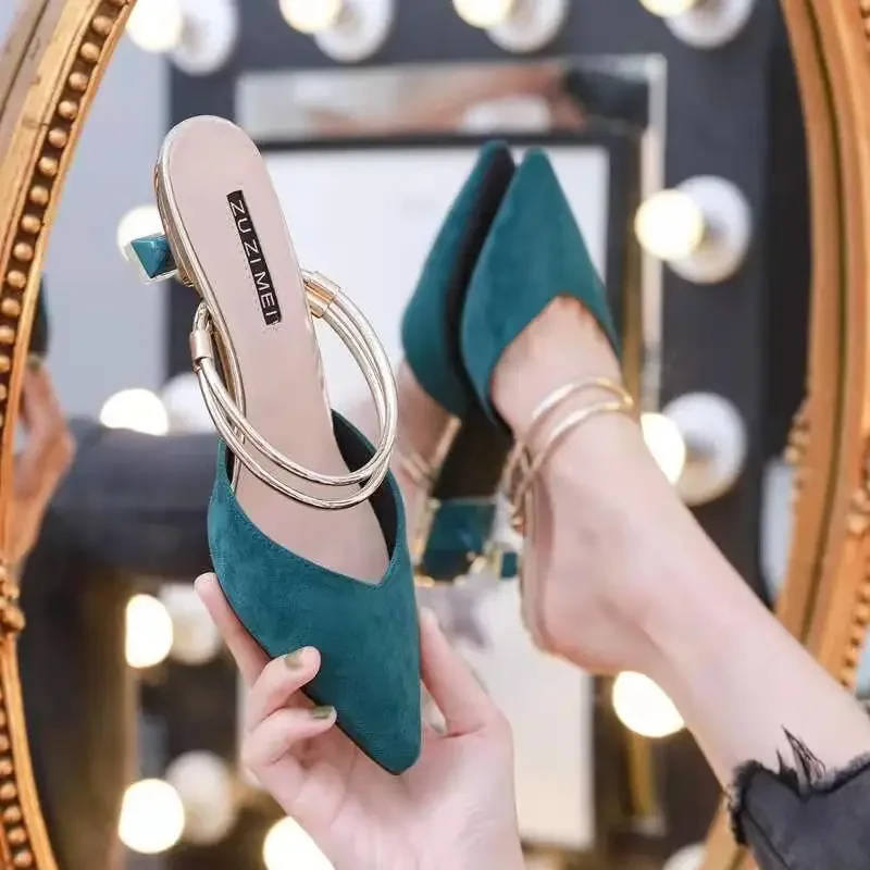 

Босоножки женские на низком каблуке, шлепанцы с острым носком, пикантные мюли, сланцы, элитные туфли для работы, Эва, Vip, темно-синие