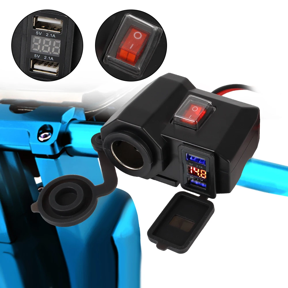 

Motorcycle Handlebar Charger 5V 2.1A Adapter Power Supply Digital Display for Phone Dual USB Port Cigarette Lighter Socket