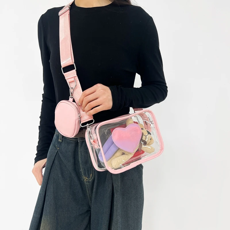 Neue Transparente PVC Mode frauen Tasche Mit Liebe Muster Freizeit Schulter Tasche Reise Gürtel Null Brieftasche Vielseitige Umhängetasche – Detail 6