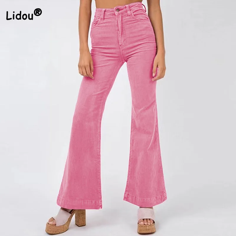 

Spring Autumn for Women Fashion Corduroy Solid Color Zipper Wide Leg Trousers Casual Four Pockets Patchwork Button Flare Pants