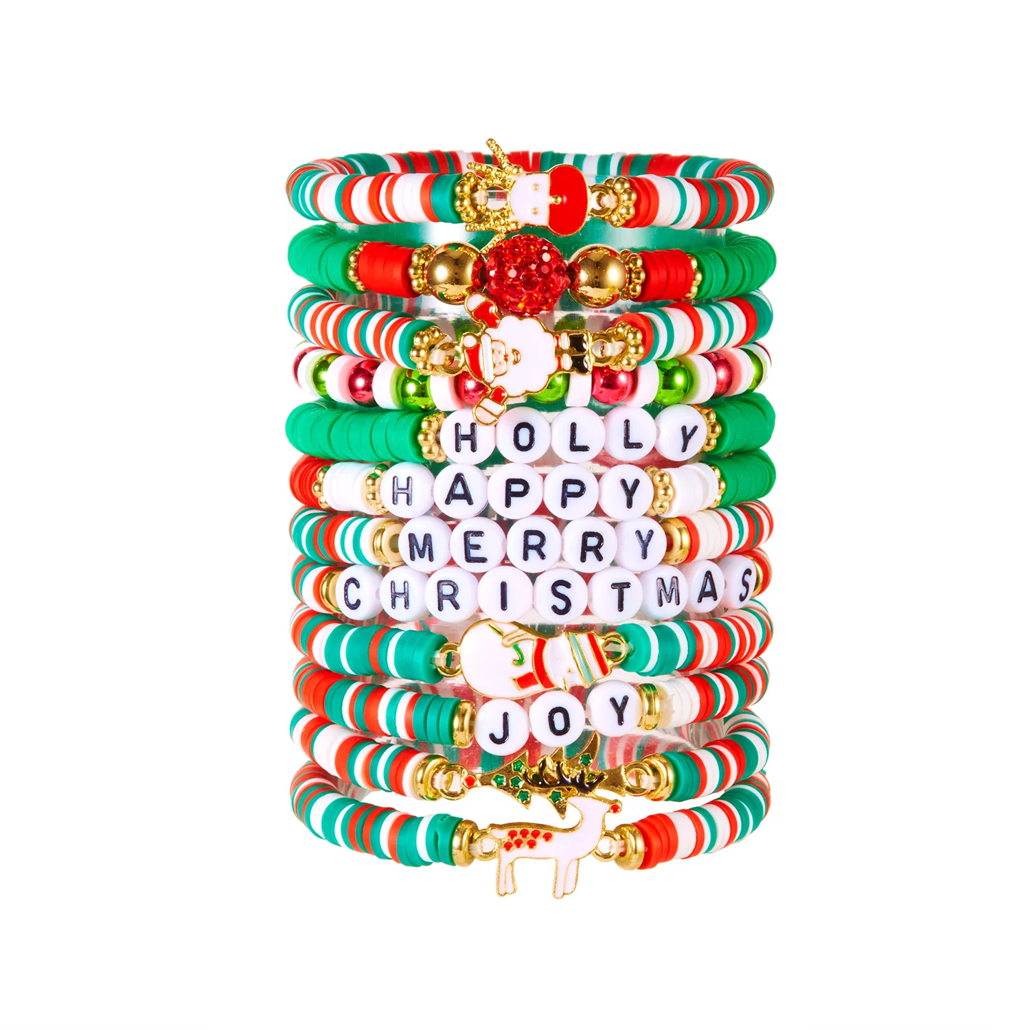 12-teiliges Weihnachts-Armband-Set, bunte weiche Tonperlen, Kristallperlen, Weihnachtsmann-Anhänger, Armreif, Party-Schmuck, Weihnachtsgeschenke für – Detail 21