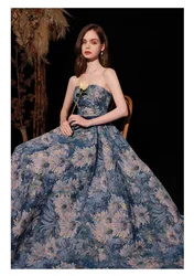 100% Real Photo Prom Dress Blue Flower Pattern A Line Princess Party Evening Dress With Detachable Sleeves Robe De Mariée