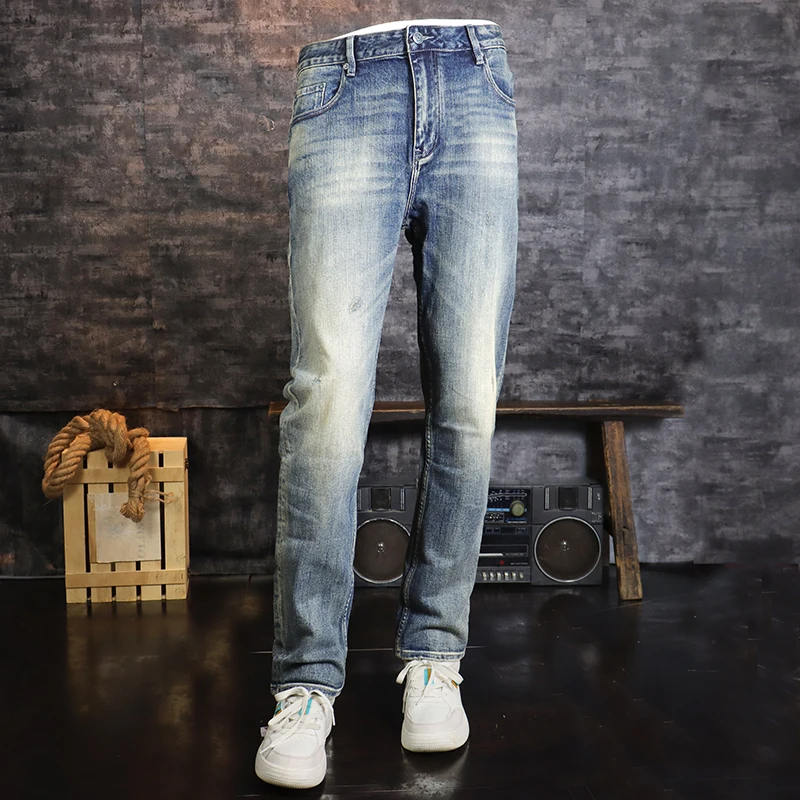 Fashion designer men's slit jeans, high-quality retro washed blue elastic slim fit jeans, men's retro casual denim pants