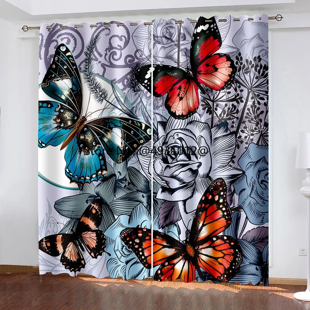 

2023 Beautiful Butterfly Decoration 3D Digital Printing Blackout Curtain Bedroom Living Room Window Drapes 2 Panels