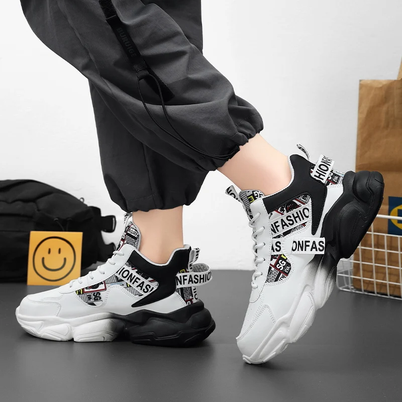 HKDQ Orange High Top Sneakers Men Street Outdoor Platform Men's Designer Shoes Fashion Casual Leather Lace-up Dad Shoes For Man