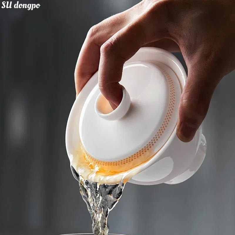Tea set Sheep Fat Jade White Porcelain Gaiwan filtered tea bowl anti scalding design single ceramic tea cup Kung Fu Set