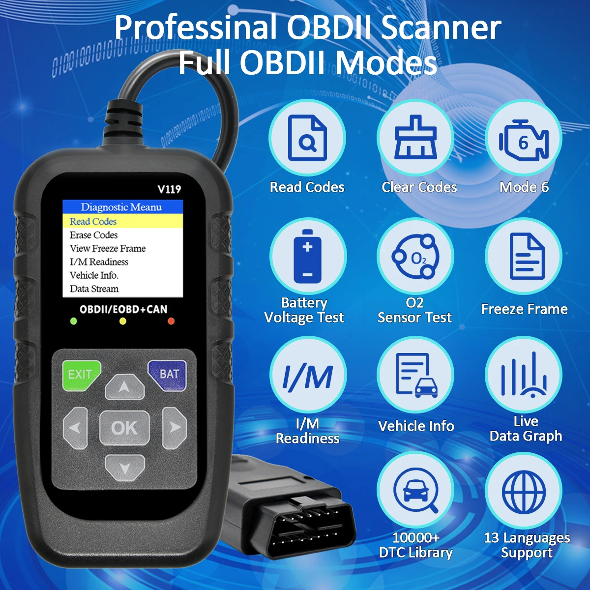 Car OBD2 Scanner Diagnostic Tool Code Reader, Car Voltage Tester Engine Fault Code Scanner, Charging Tester Diagnostic Tool V119 3