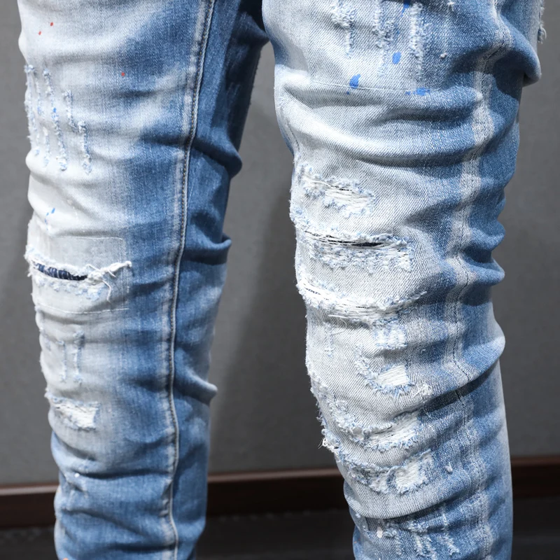 Street Fashion Men Jeans Retro Light Blue Elastic Stretch Slim Fit Hole Ripped Jeans Men Painted Designer Hip Hop Pants Hombre