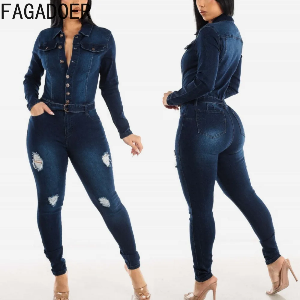 

FAGADOER Vintage Blue Fashion Hole Skinny Denim Jumpsuit Women Turndown Collar Button Long Sleeve Playsuit Female Cowboy Overall