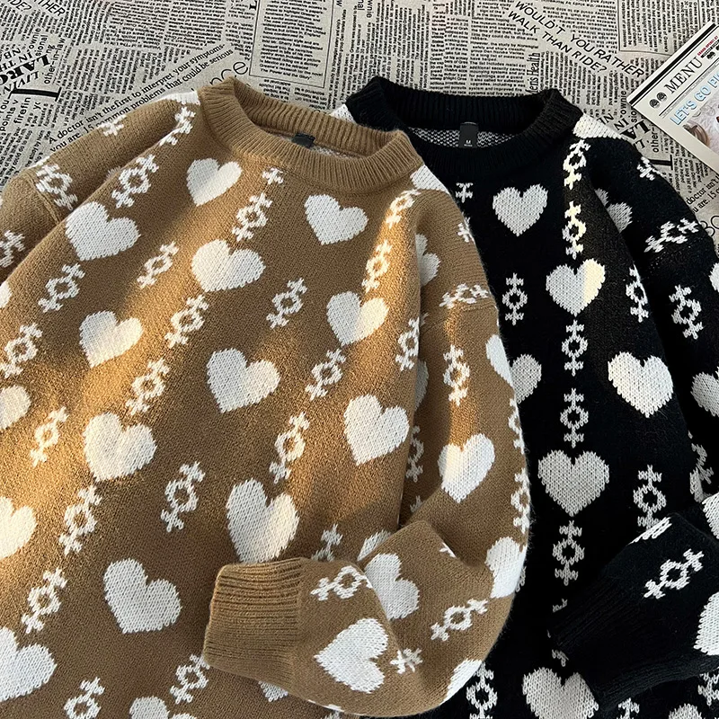 Men's Autumn Love Embroidered Sweater Crewneck Knitted Long-sleeved Versatile Cardigan Casual Men's Warm Sweater