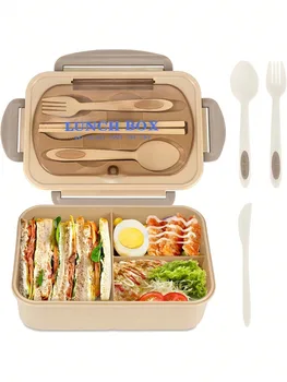 1Pc Bento Box Adult Lunch Box With 4 Compartments,Utensils, Sauce Jar, Muffin Liners, Microwave&Dishwasher Safe, Back To School 1