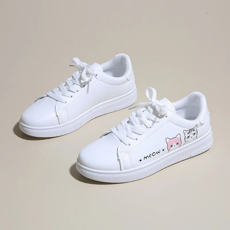 Women Sneakers Fashion Breathble Vulcanized Shoes Pu Cute Cat Cartoon Lace Up Casual White Women Shoes Zapatos De Mujer Female - 5