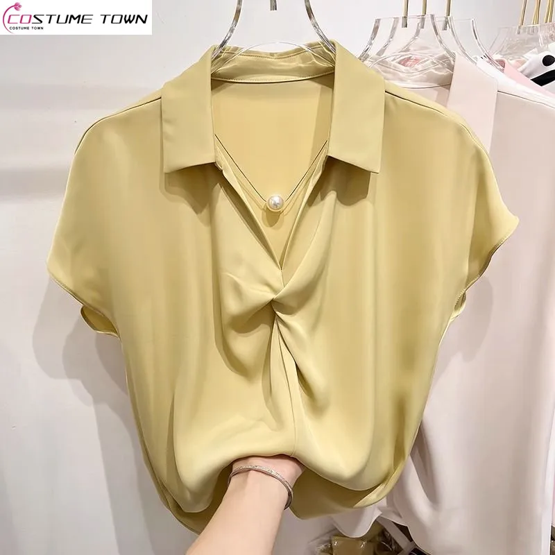 Chiffon Shirt Women's Spring and Summer New Style Shirt with a Slimming Temperament POLO Collar Pleated Solid Color Top new french retro pleated wide brimmed headband women versatile high skull hairband premium temperament headwear with rhinestone